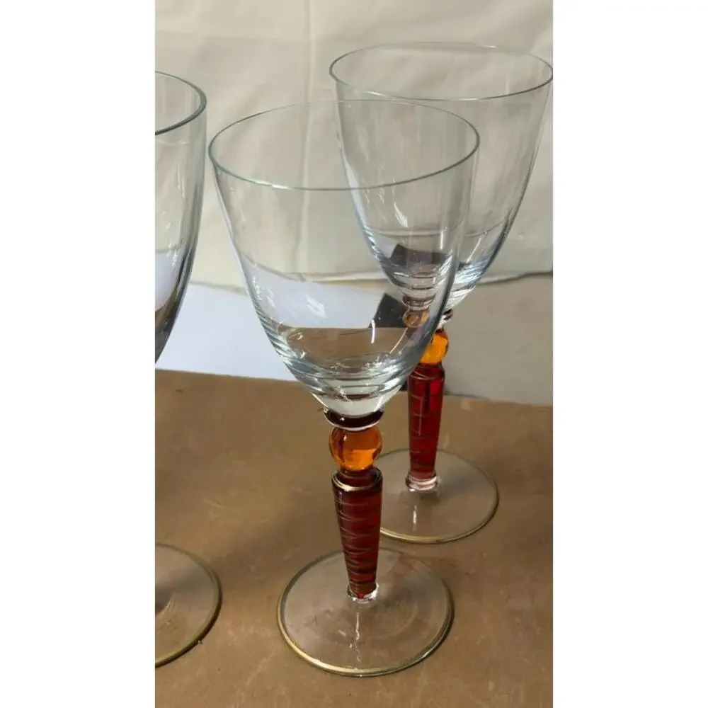 Set of 5 Handcrafted Amber Stem Wine Glasses‎ – 4 Matching + 1 Variant - Picture 13 of 16